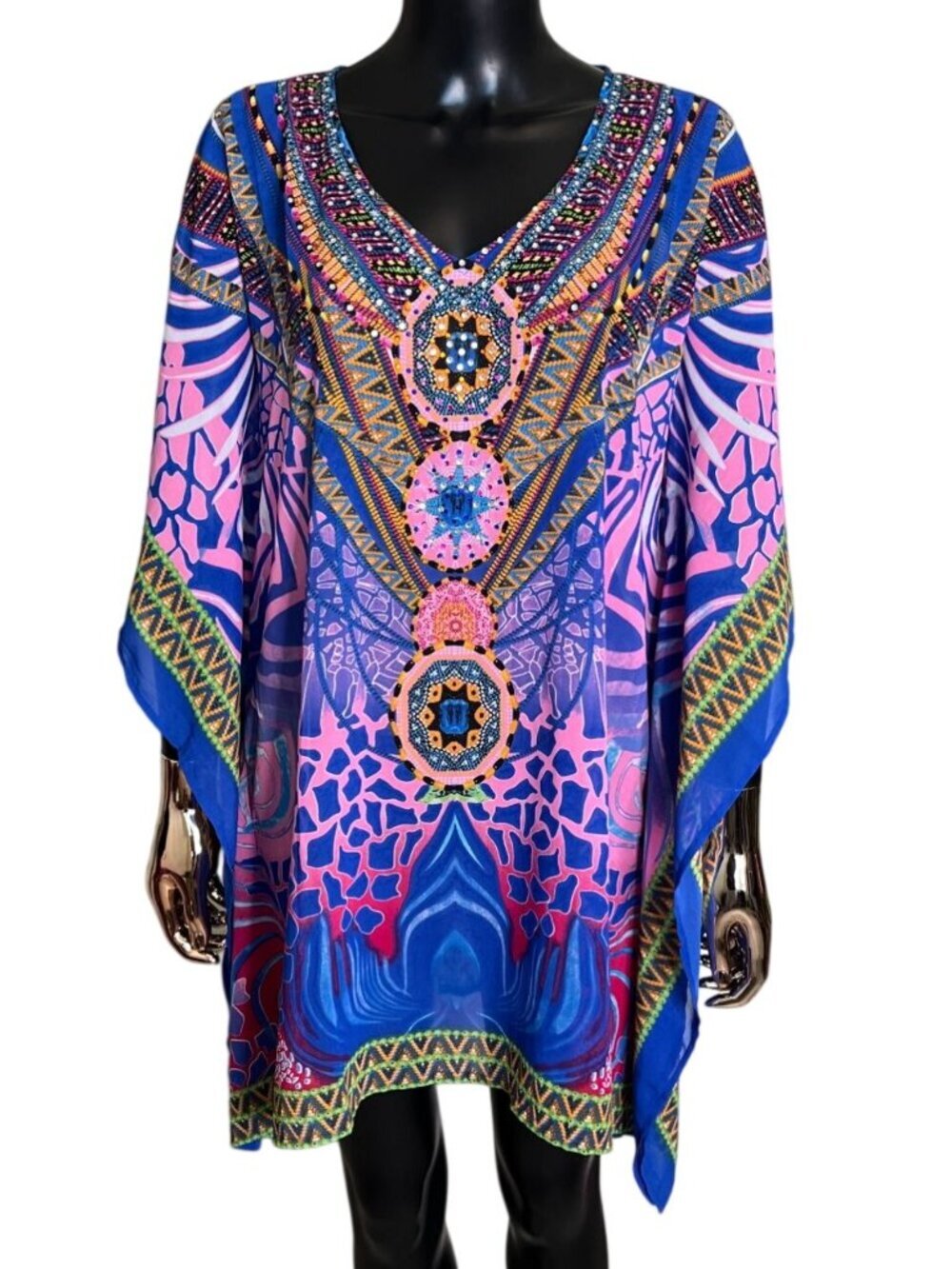 La Moda Blue Pink Embellished Kaftan Cover Up One Size Boho Beach Resort Tunic